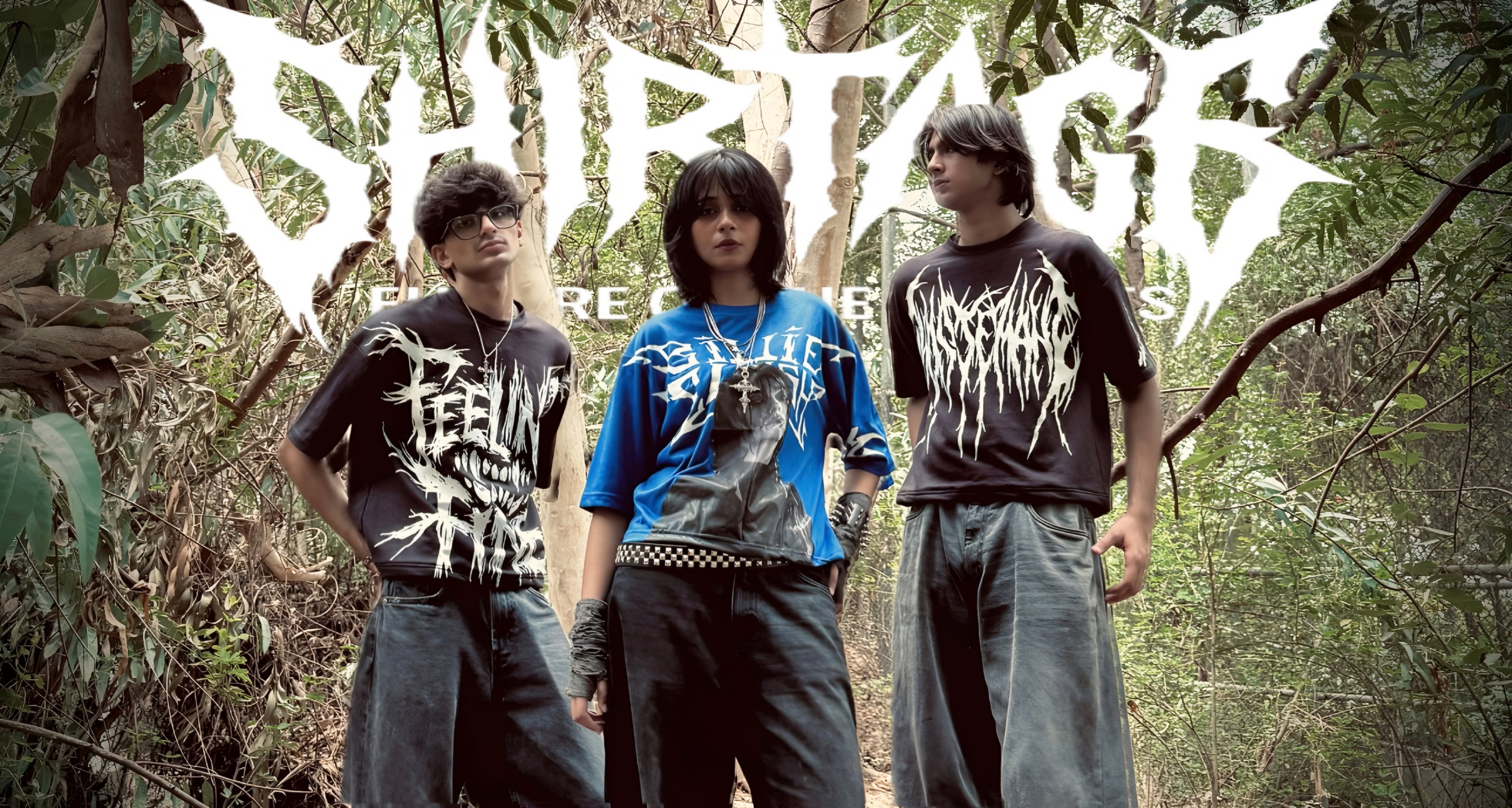 Three people wearing band t-shirts in a forest setting with band name 'Shirtags' displayed.